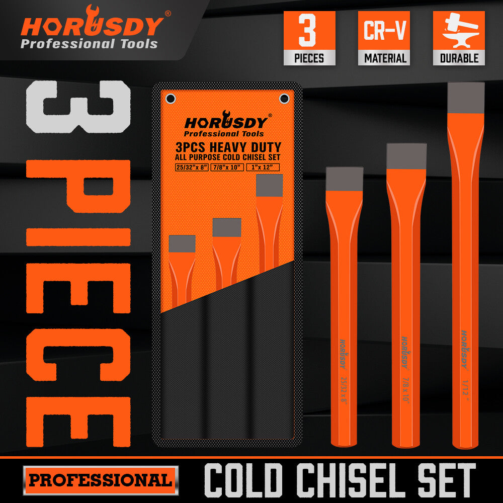 Heavy Duty Cold Chisels Set 12" 10" 8" With Roll Pouch 1in 7/8in