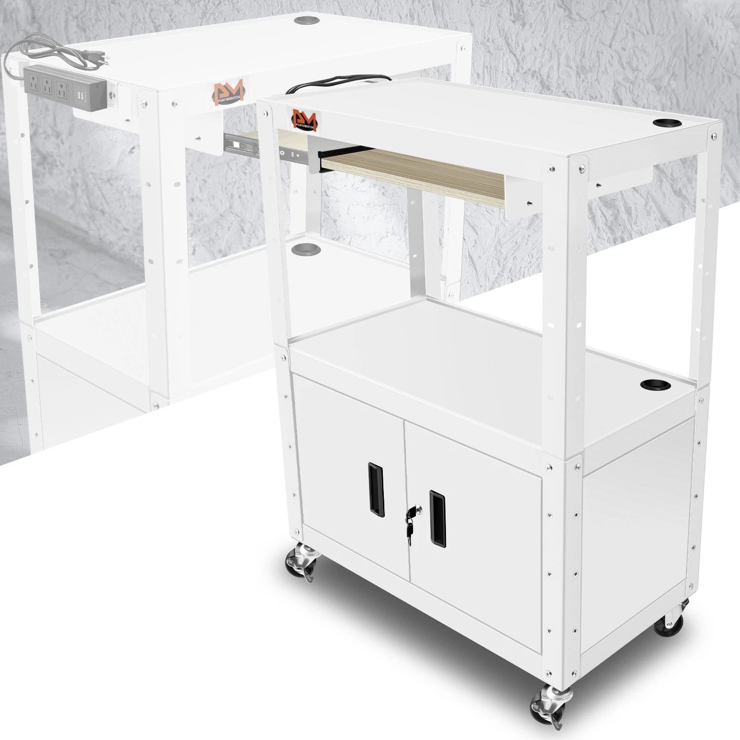 22"-42" Adjustable Height White Steel Av Cart Usb | Built Supply Co