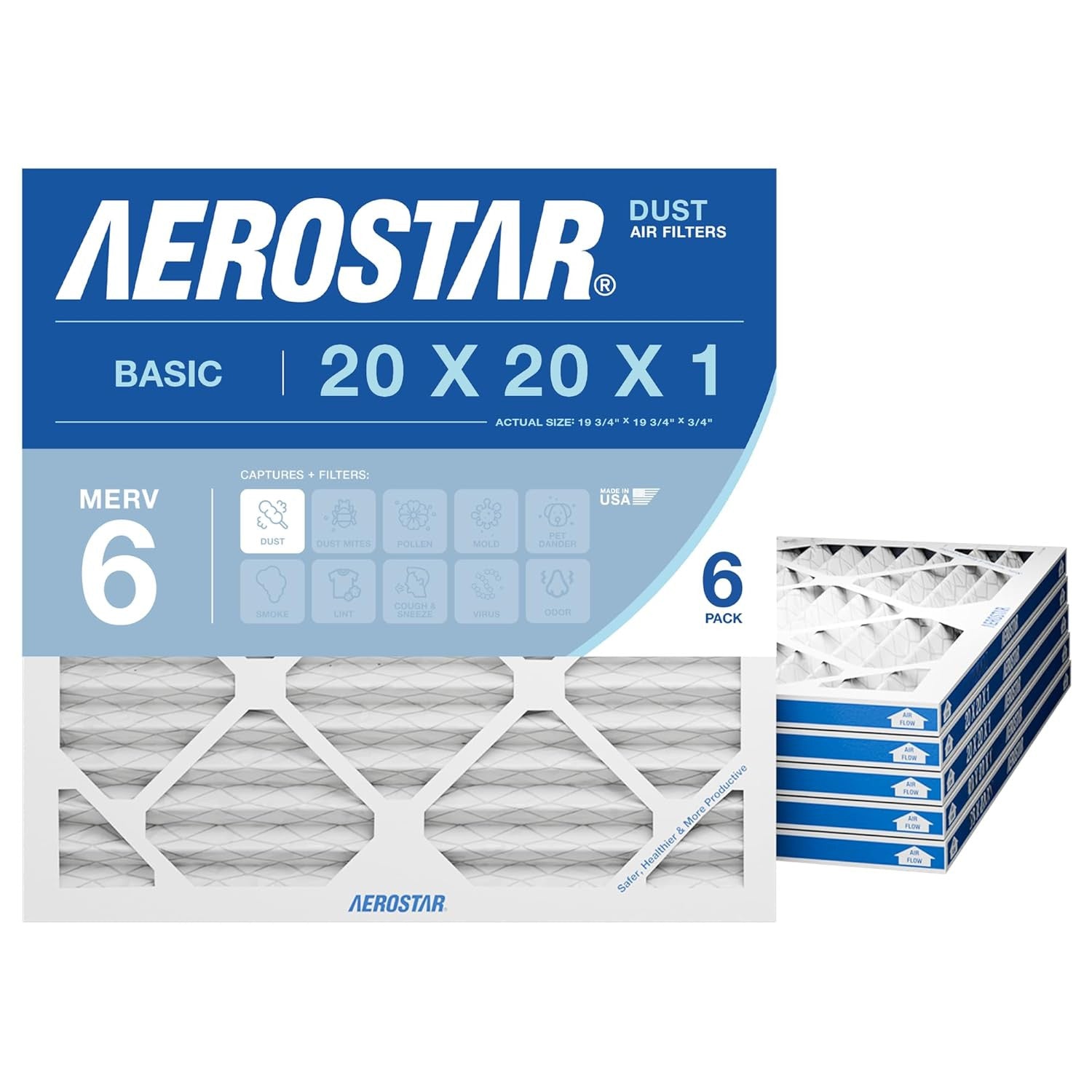 20x20x1 Merv 6 Air Filter, 6 Count, Actual Size (19.75 X 19.75 X