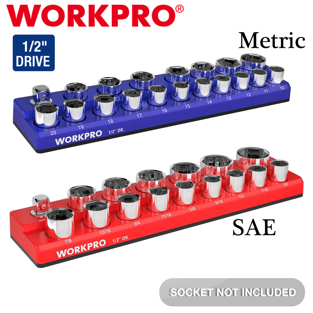 WORKPRO 1/2" Magnetic Socket Organizer SAE/METRIC 16/19PCS Standard
