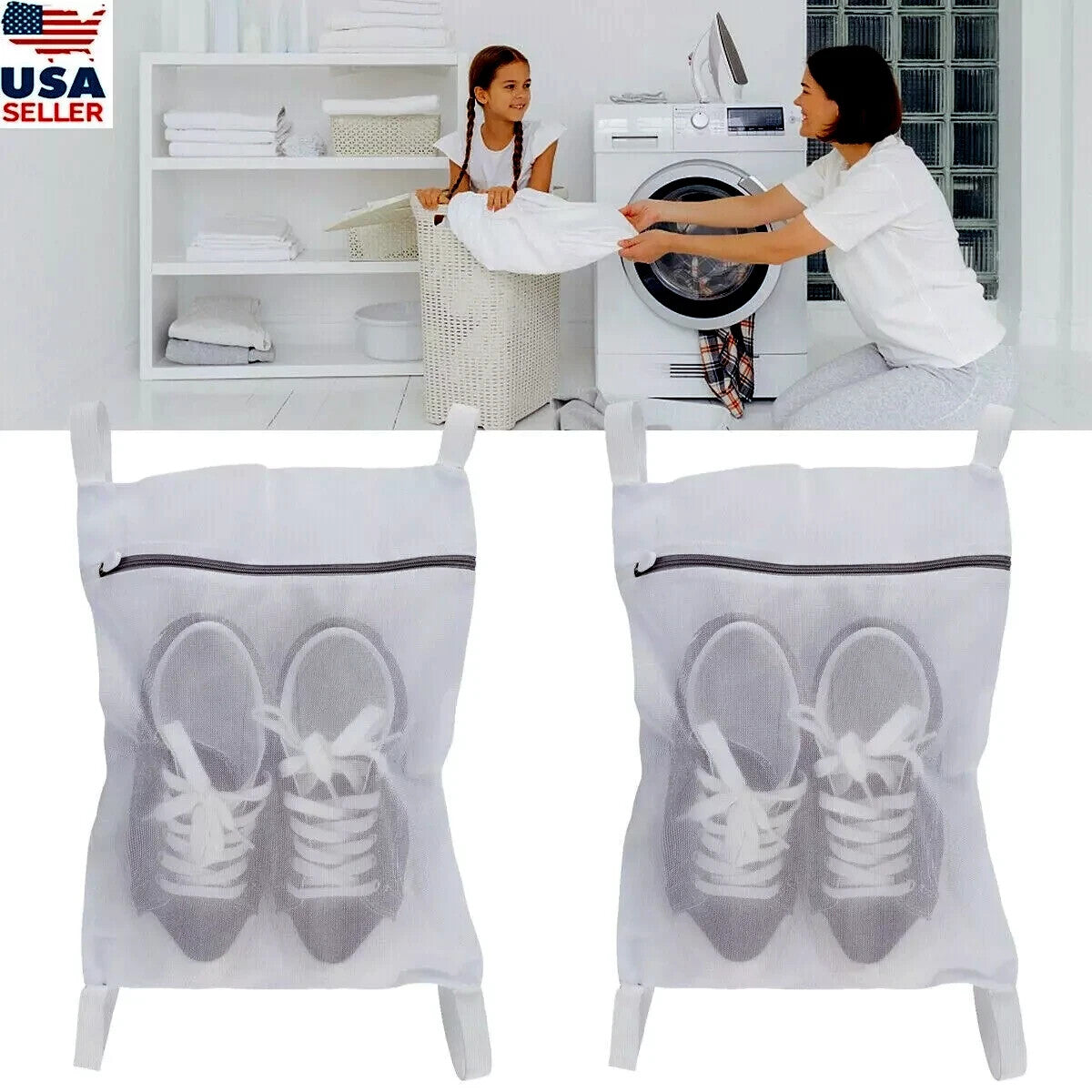 2x's Large Laundry Mesh Sneaker Shoe-Delicates Wash-Dry Zip Bag