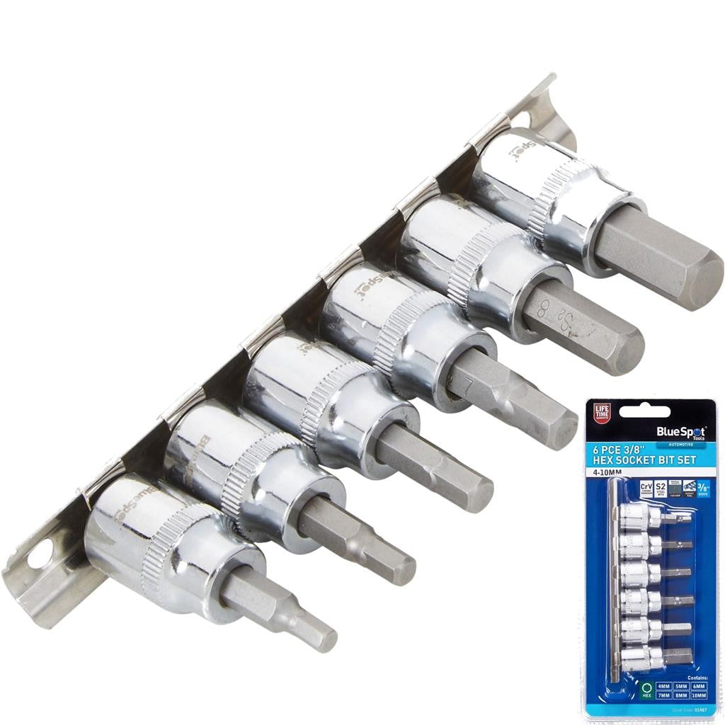 BlueSpot 6pc Hex Socket Bit Set 4mm to 10mm On Rail Allen Key Tool Kit 3/8"Opens