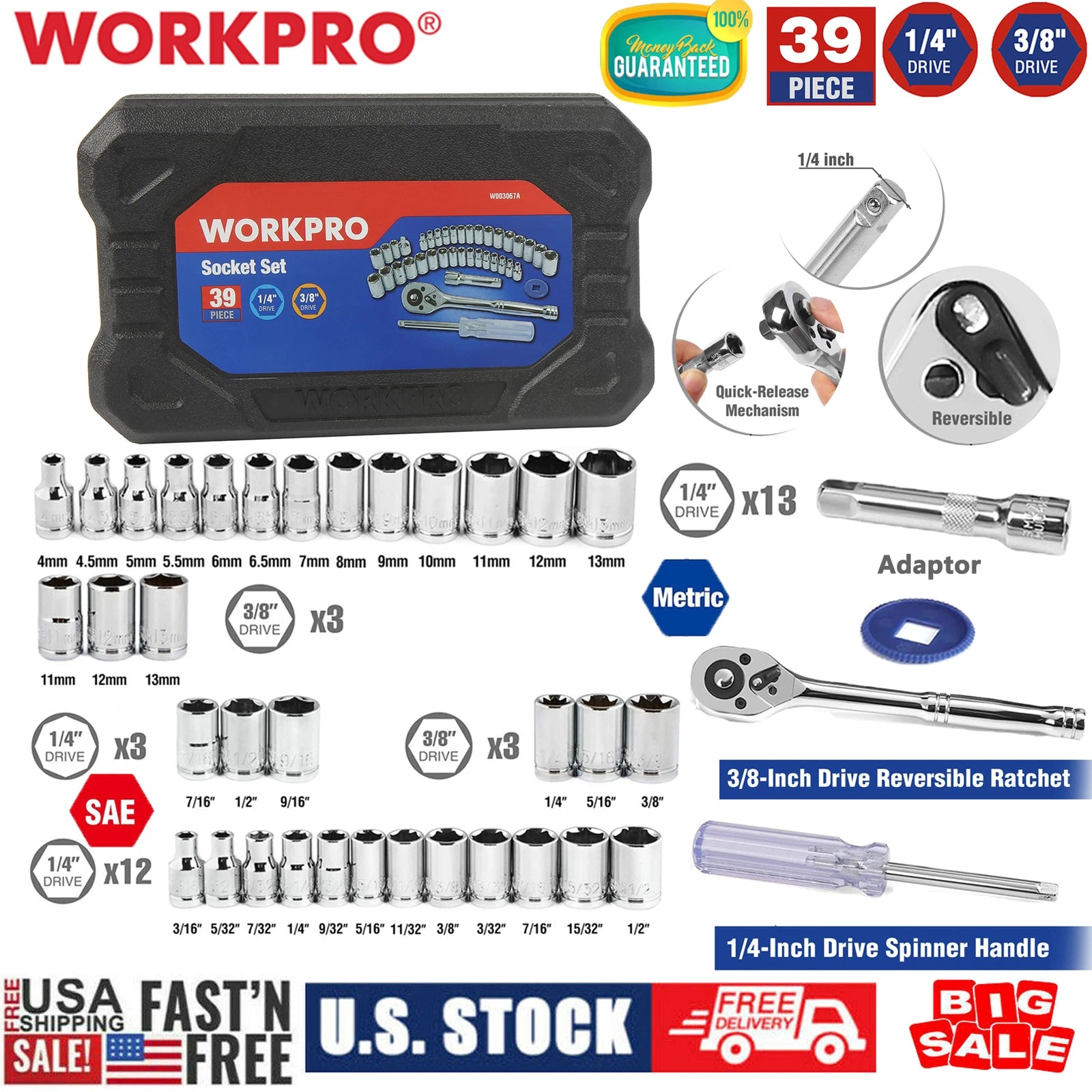 Workpro 1/4" 3/8" Drive Socket Set 6-8 Point | Built Supply Co