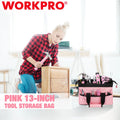 WORKPRO 13-in Tool Bag Pink Soft Cloth Tool Storage Bag Wide Mouth Tool Tote Bag