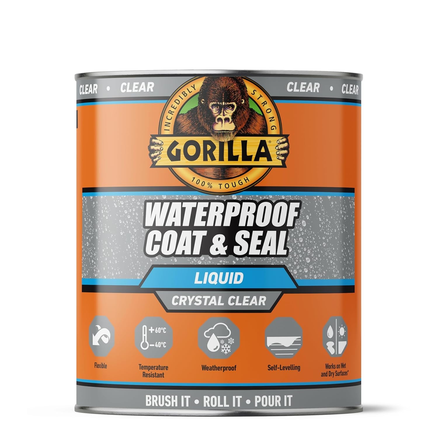 Gorilla Waterproof Coat & Seal Liquid Rubber Coating CLEAR 473ml Tin