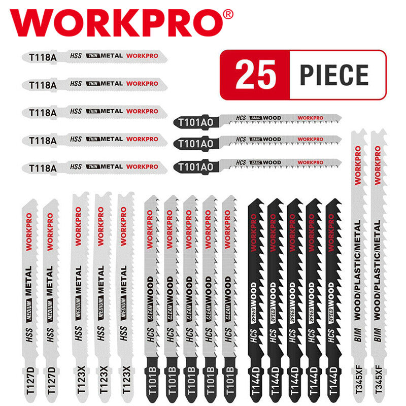 WORKPRO 25PIECES T-Shank Jig Saw Blade Set Made with HCS/HSS/BIM
