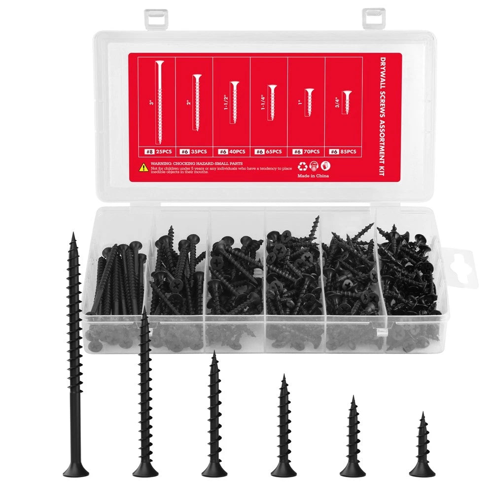 Arrow 320PC Drywall Screw Assortment Kit #6 #8 #2 Black Wood Screw 6Size 3/4"-3"