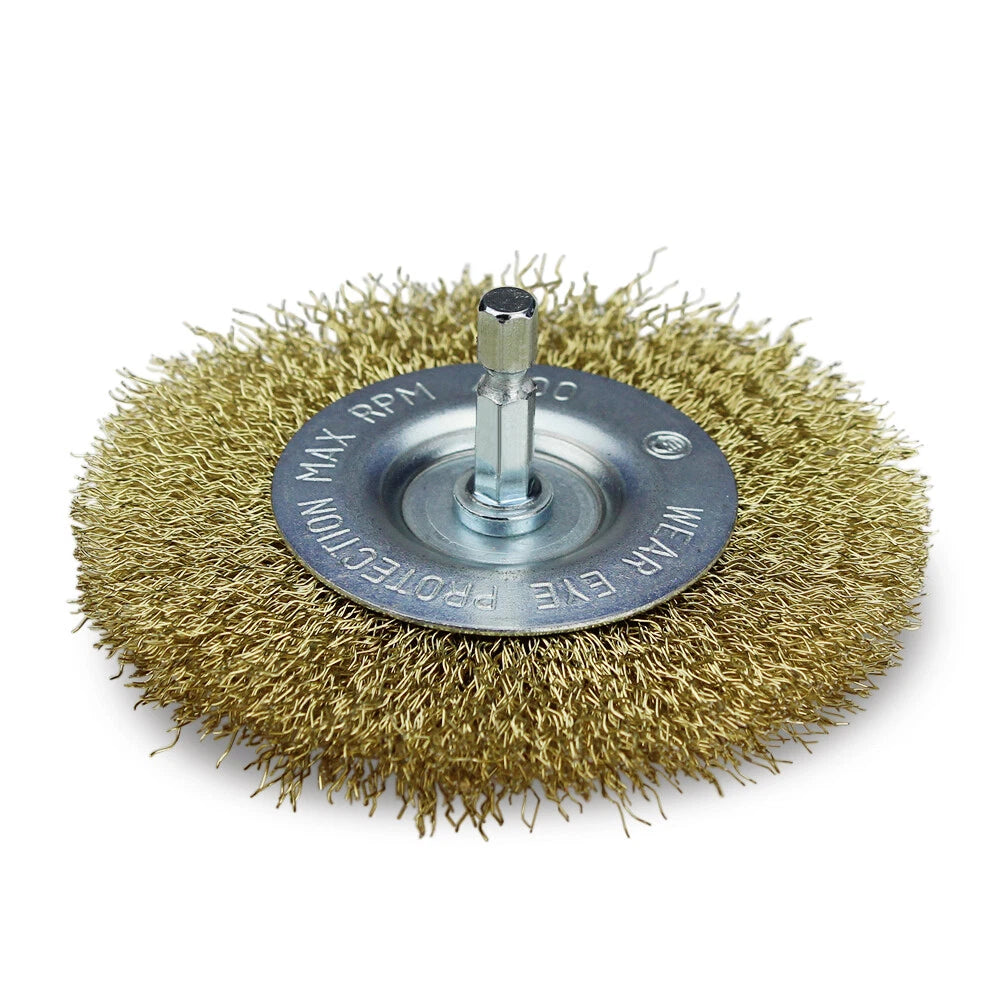 4" Crimped Wire Wheel Brush Brass Coated 1/4" Hex Shank for Die Grinder or Drill