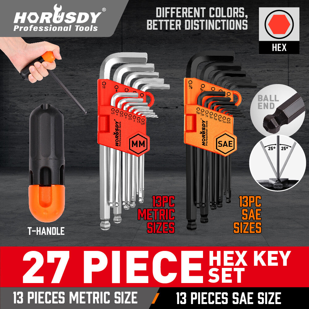 27 Allen Wrench Hex Key Set Ball End Short Long Arm MM/Inch Folding