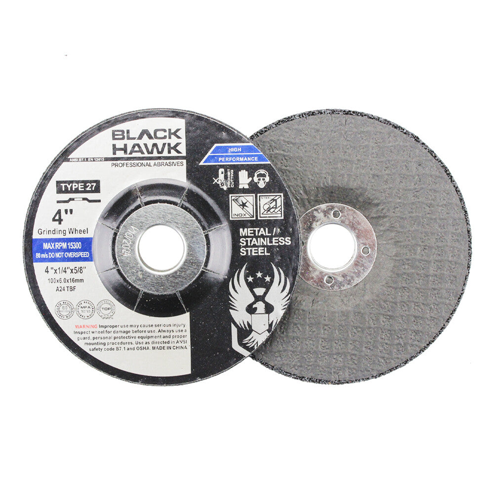 100 Pack - 4" x 1/4" x 5/8" Black Hawk Grinding Wheels T27 Discs for