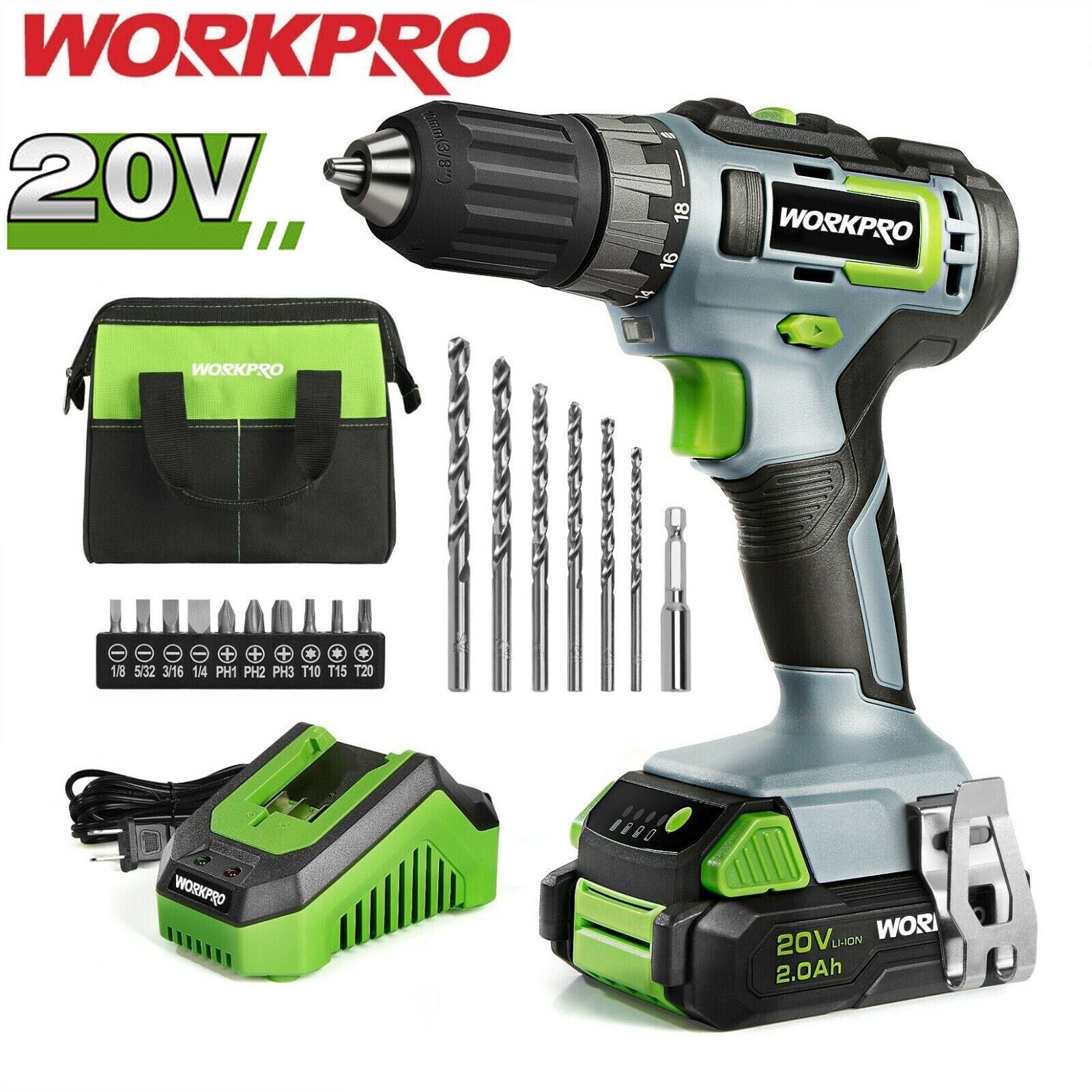 WORKPRO 20V Electric Cordless Drill Driver Kit 3/8''Chuck Dr
