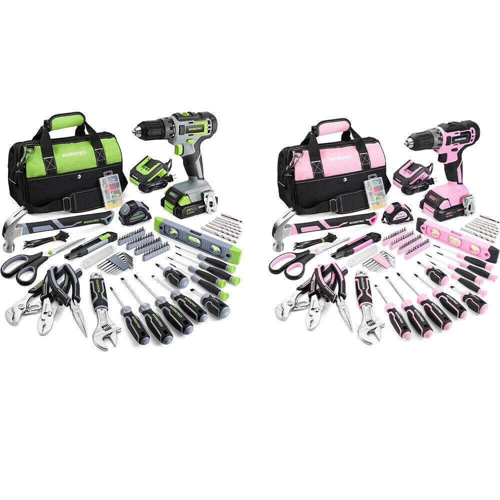 Workpro Pink/grey Hand Tool Set 20V Cordless Drill Driver Home Tool