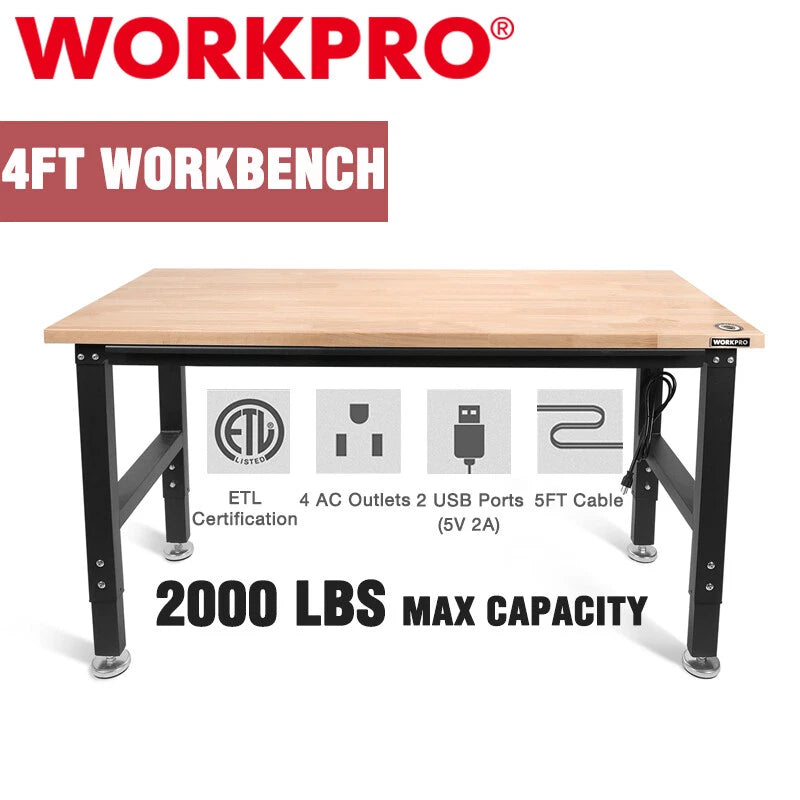 Workpro 4ft Heavy Duty Adjustable Workbench Rubber Wood Workstation
