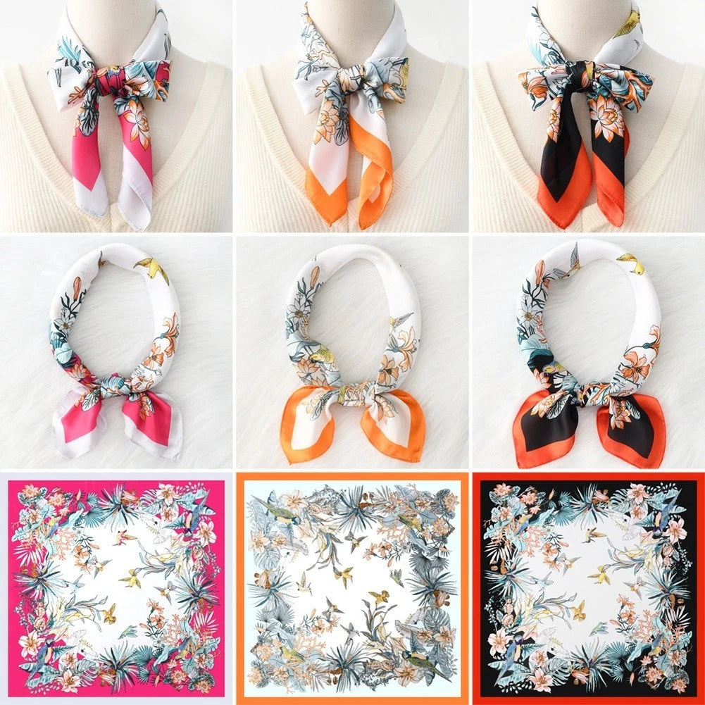 Floral Camellia Iris Silk Scarf Square 70x70cm Imitation Silk Orange
