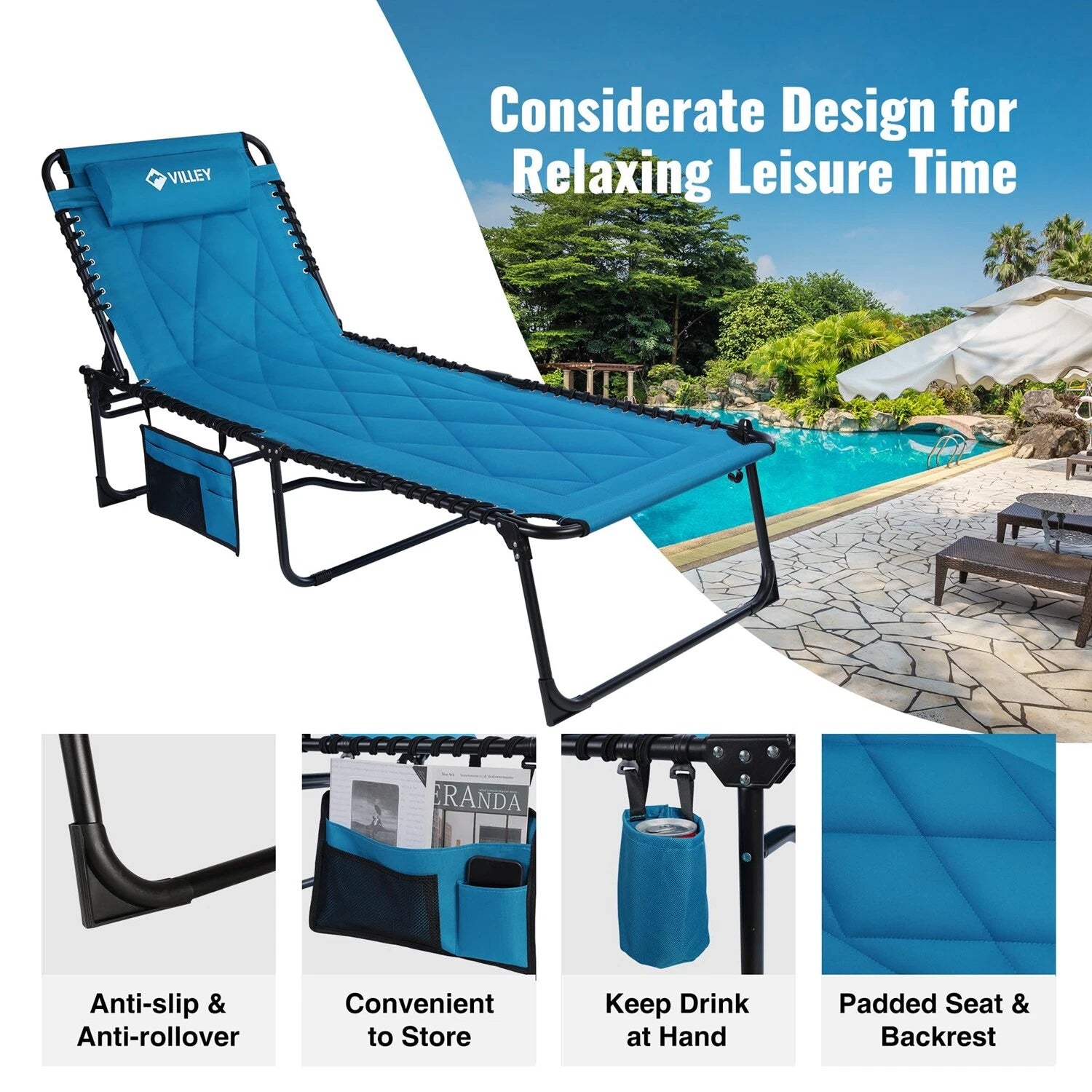 Villey New Folding Oversized Padded Chaise Lounge | Built Supply Co