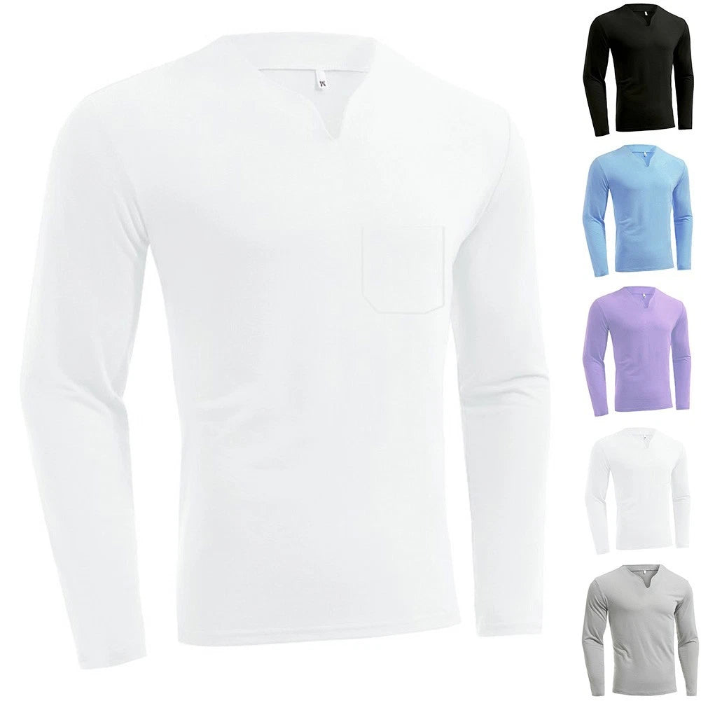 Men Thin Large Size Long Sleeve V Neck Basic Casual Cotton Solid