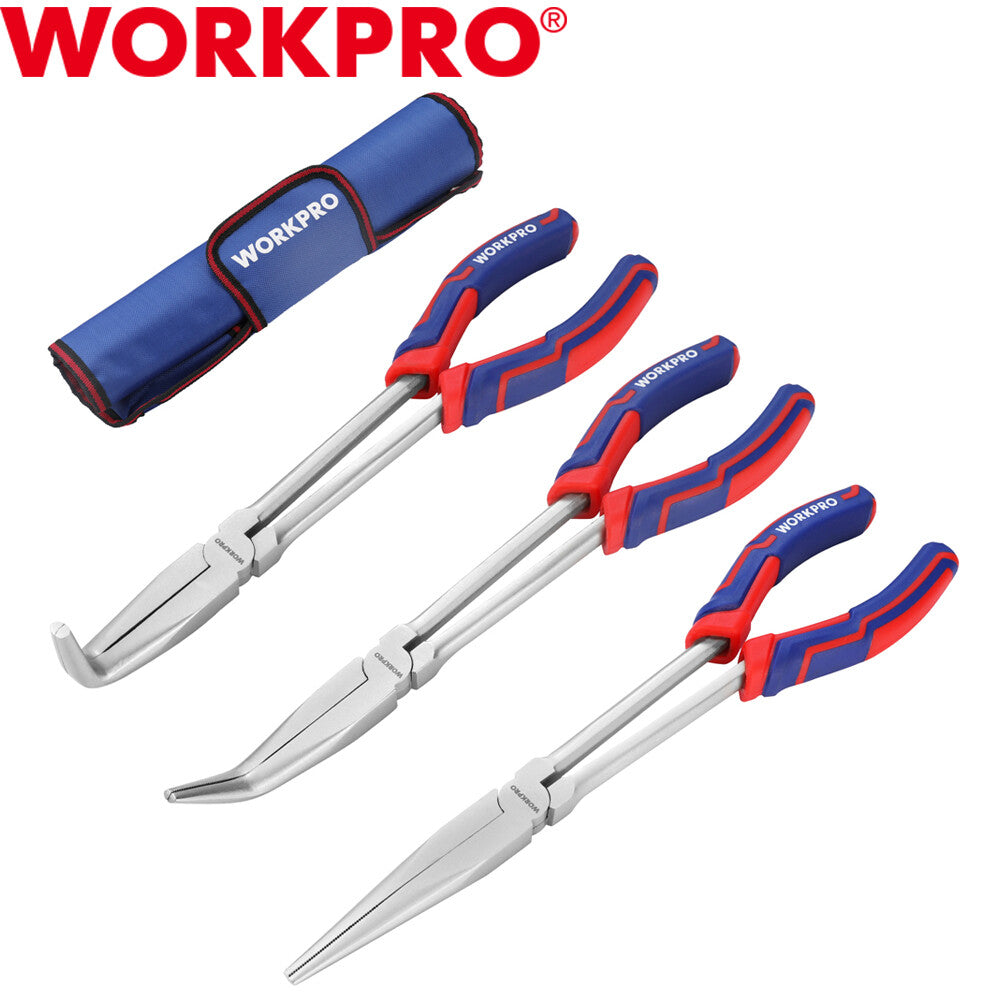 WORKPRO 3-PIECES 11 Inch Long Reach Pliers Set Extra Long Needle Nose