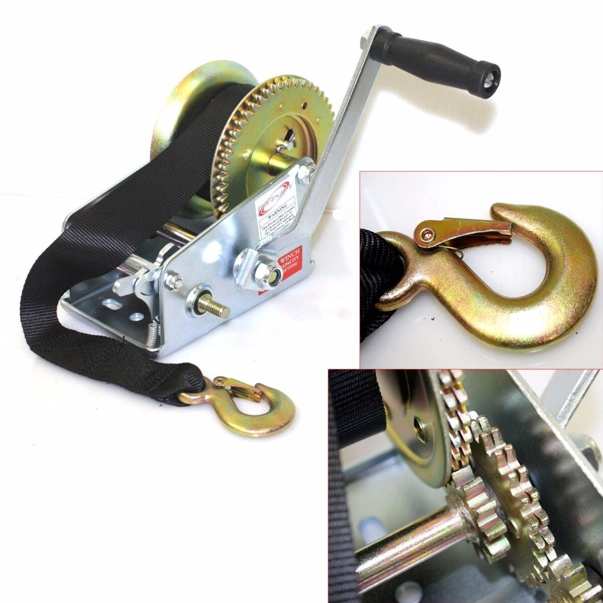 2500lbs Dual Gear Hand Winch Hand Crank Nylon Strap Gear Winch ATV Boat Trailer