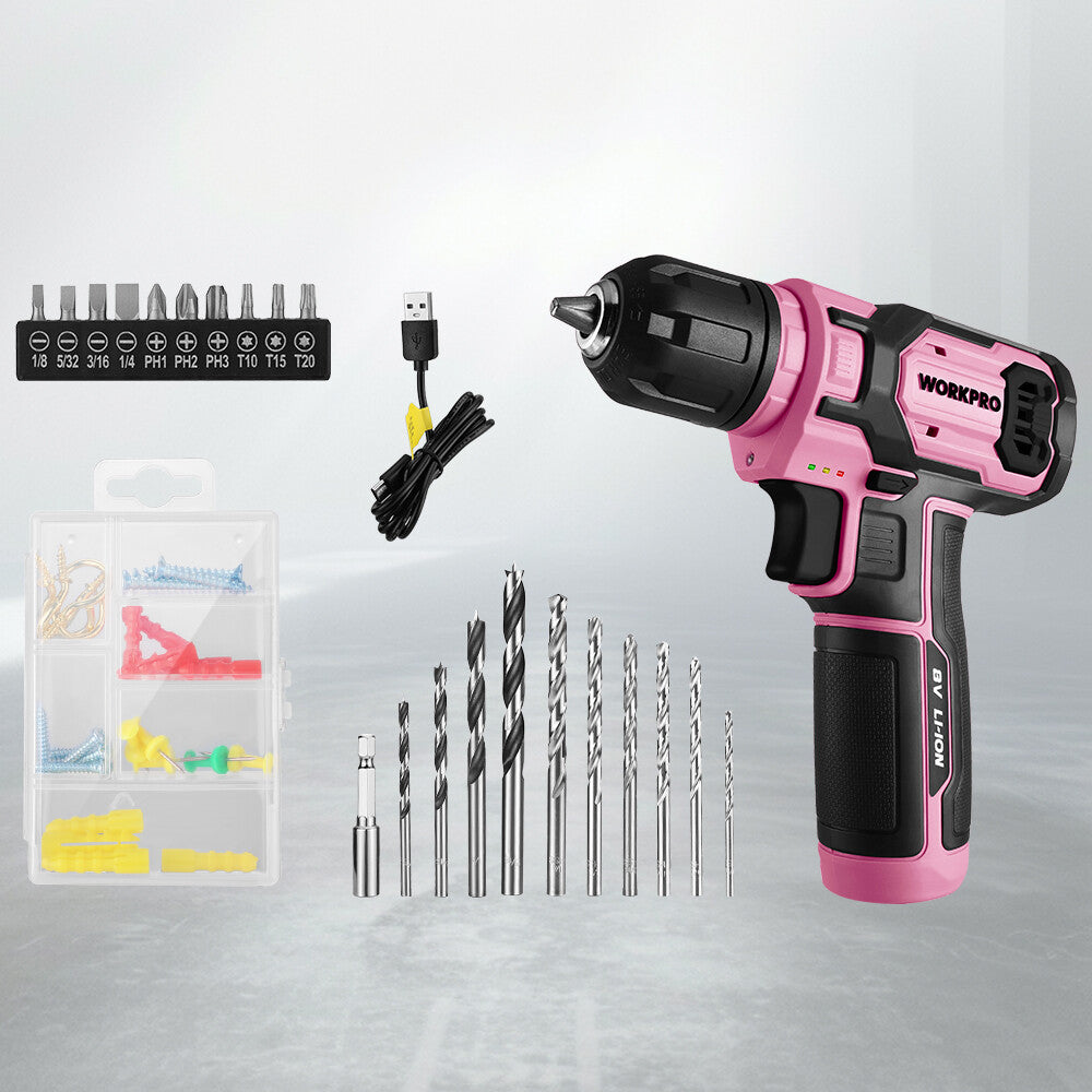 WORKPRO Pink Cordless Drill Driver Set 3/8 Keyless Chuck 53pc Bit