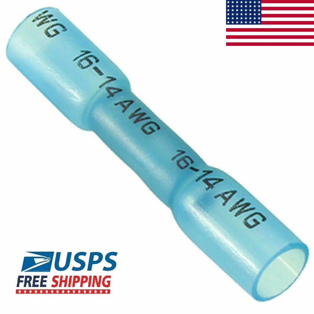 Us (100) Blue Heat Shrink Butt Wire Connectors Crimp Terminals 14-16