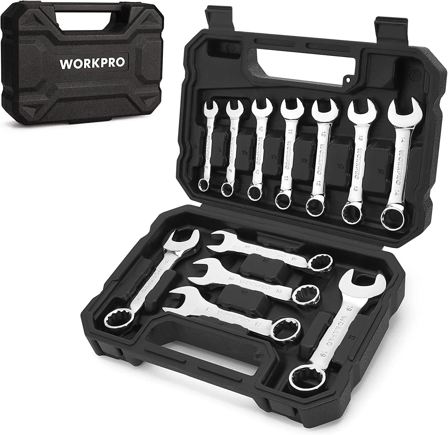 Workpro Stubby Combination Wrench Set Metric 8-19mm With Storage Case