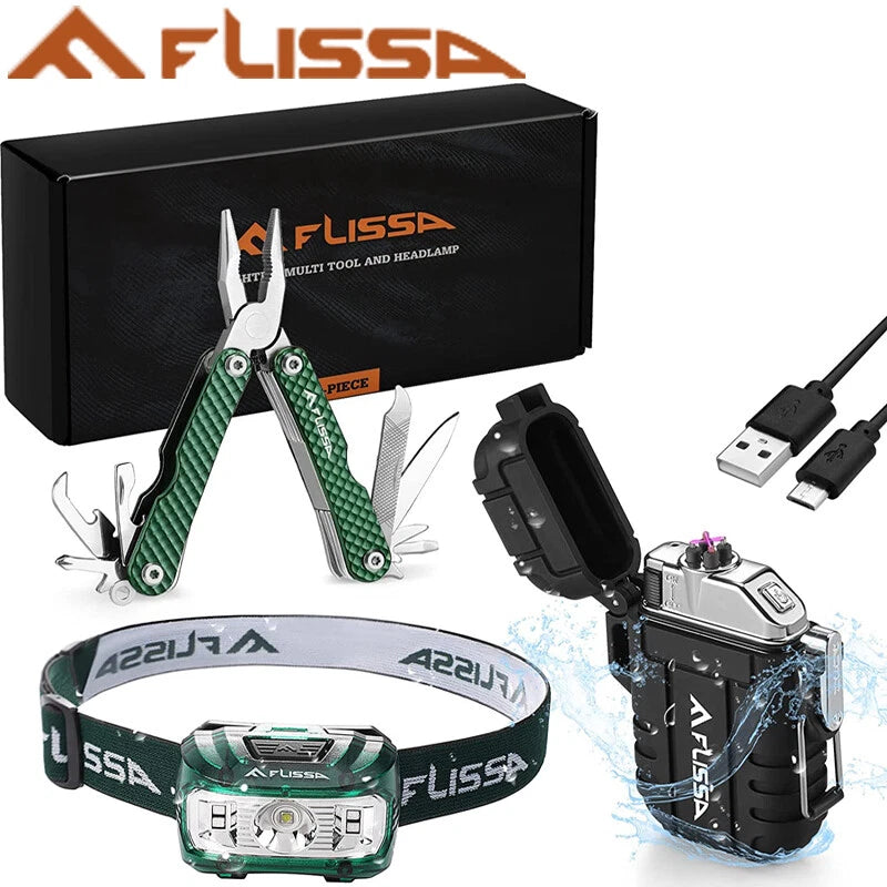 Flissa 3PCS Waterproof LED Headlamp &amp; Windproof Lighters 12 in 1 Multitool Plier