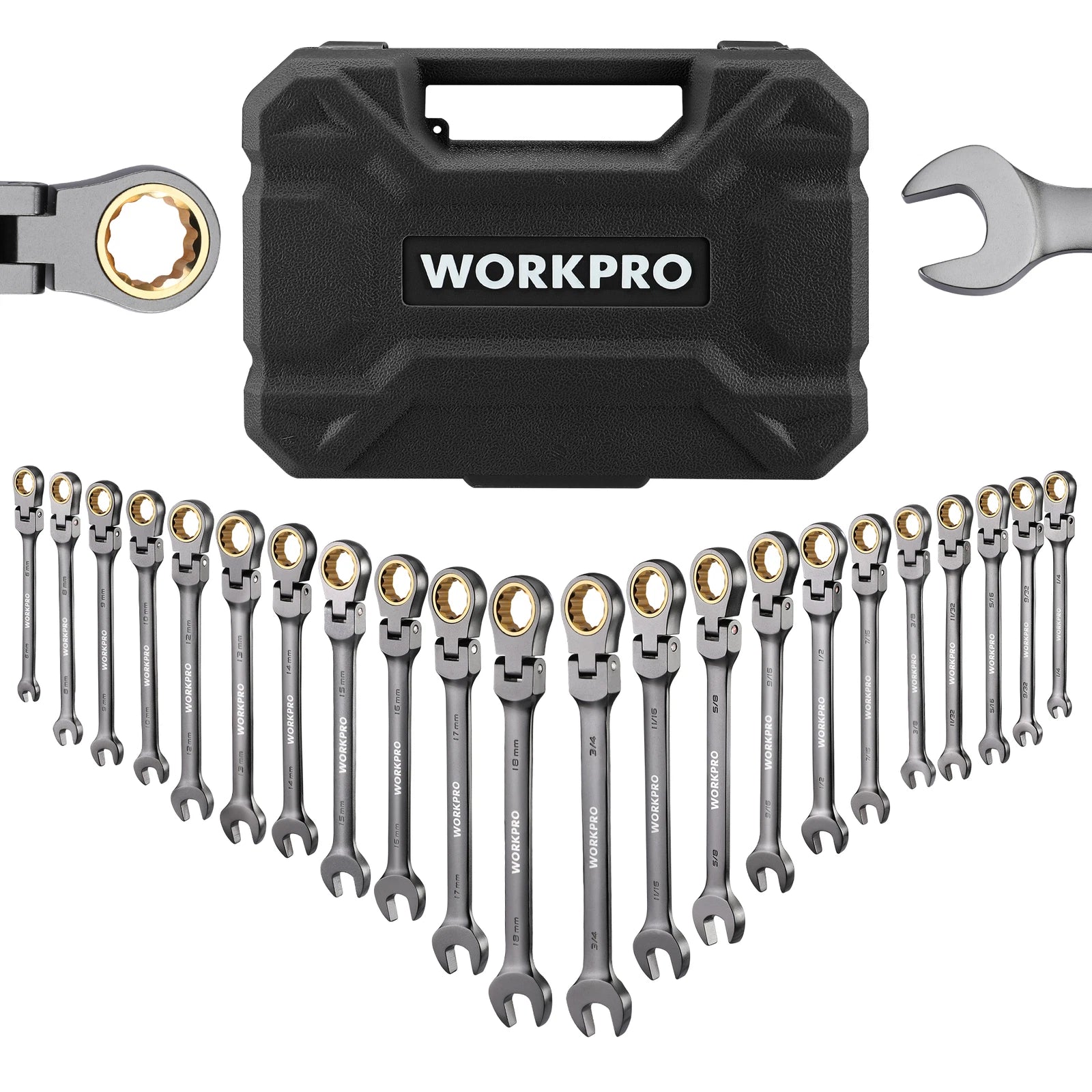 Workpro 22-piece Flex-head Ratcheting Wrench Set Nickel Plating