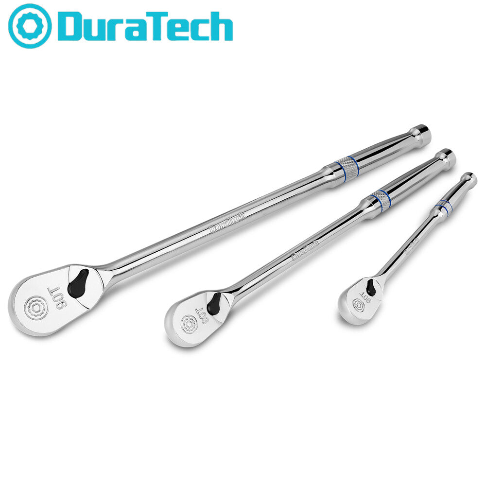 3-Piece Extra Long Drive Ratchet Handle 1/4", 3/8", 1/2" 90-Tooth