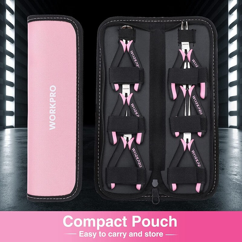WORKPRO 6-Piece Mini Pliers Set Pink Ribbon Needle Nose Long