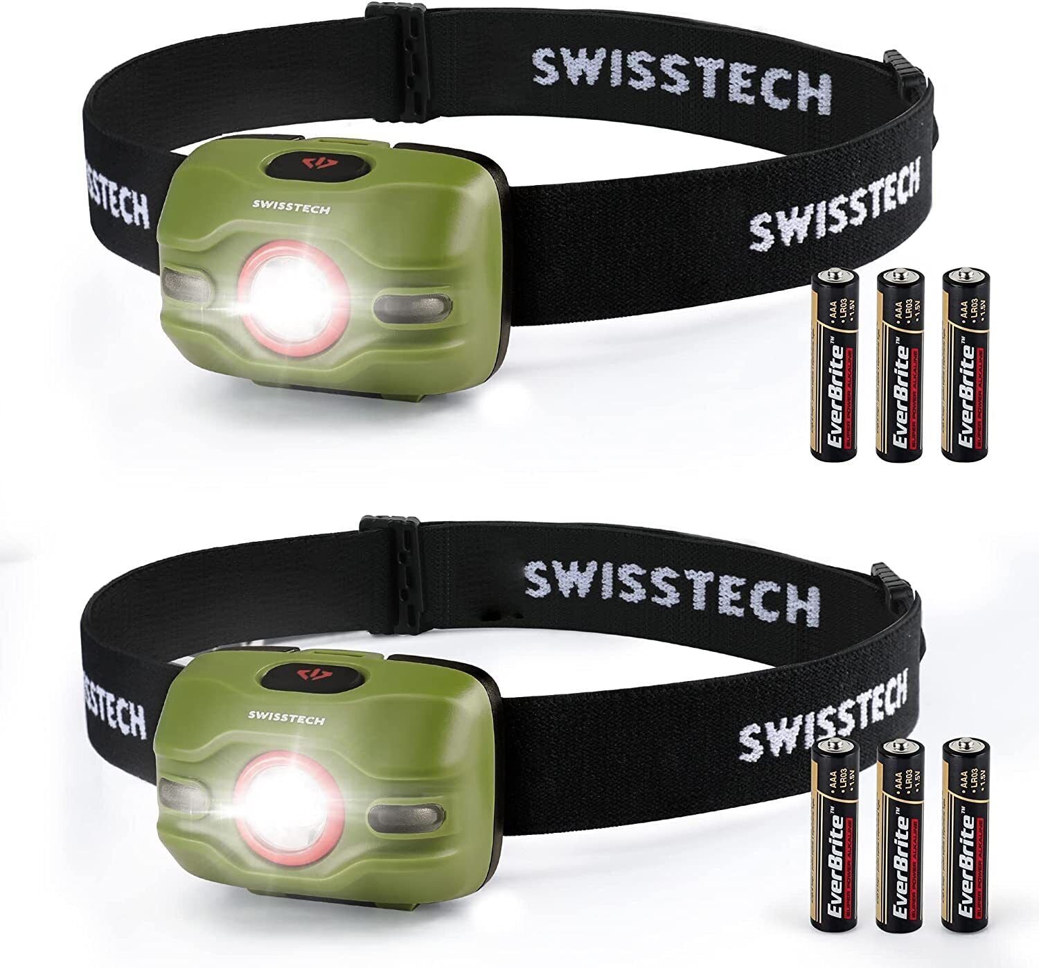 Swiss+tech 2PC Headlamp Flashlight Set Red Blinking Light 3 Modes 3aaa