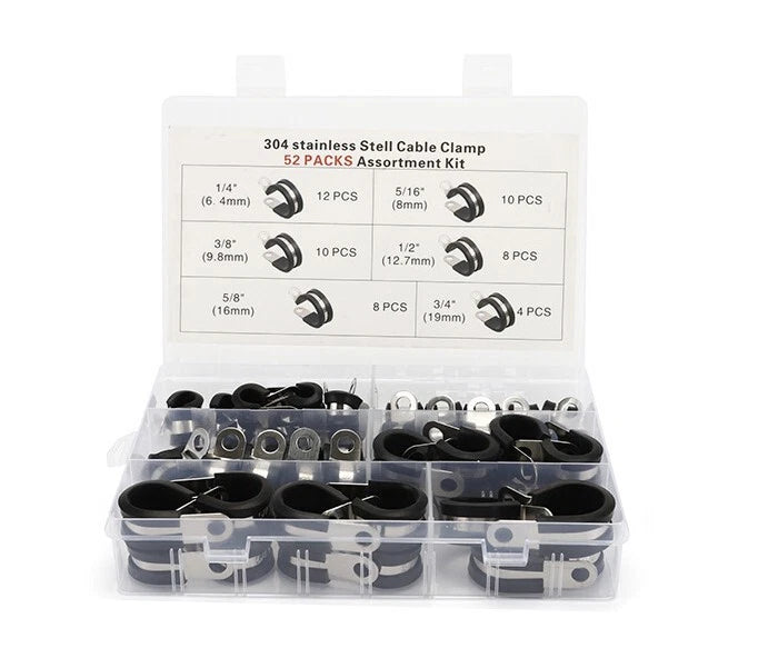 52pc Rubber Lined Stainless Steel Clips Cable Hose Pipe Clamps Holder Assortment