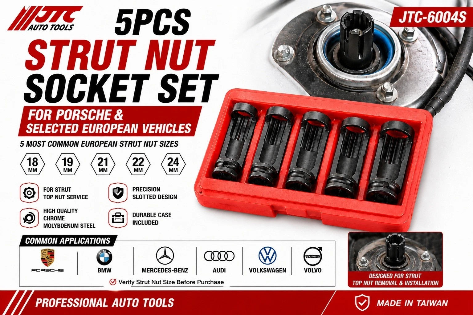 JTC-6004S 18-19-21-22-24<wbr/>mm 5pc Strut Nut Socket Suspension Shock Removal Tool