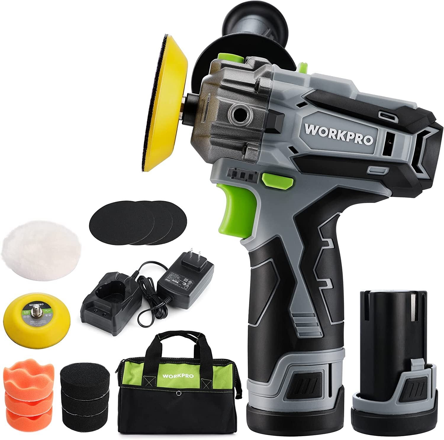 WORKPRO 12V Cordless Polisher 3" Mini Car Detailing Buffer & Sander Machine Kit