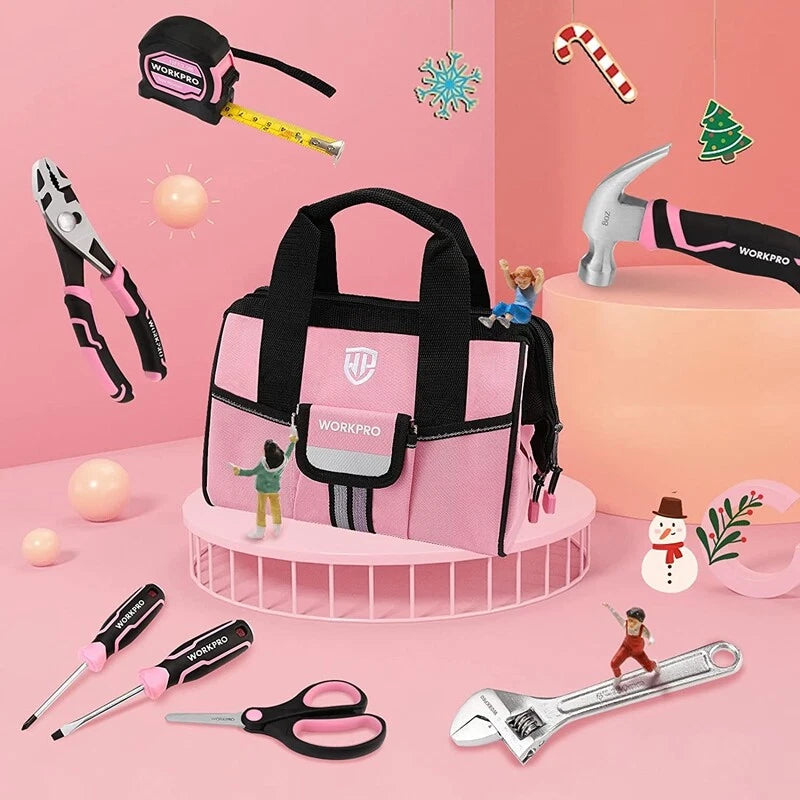 Workpro 9-piece Kids Real Hand Tool Set, Pink Junior Tool Kit With