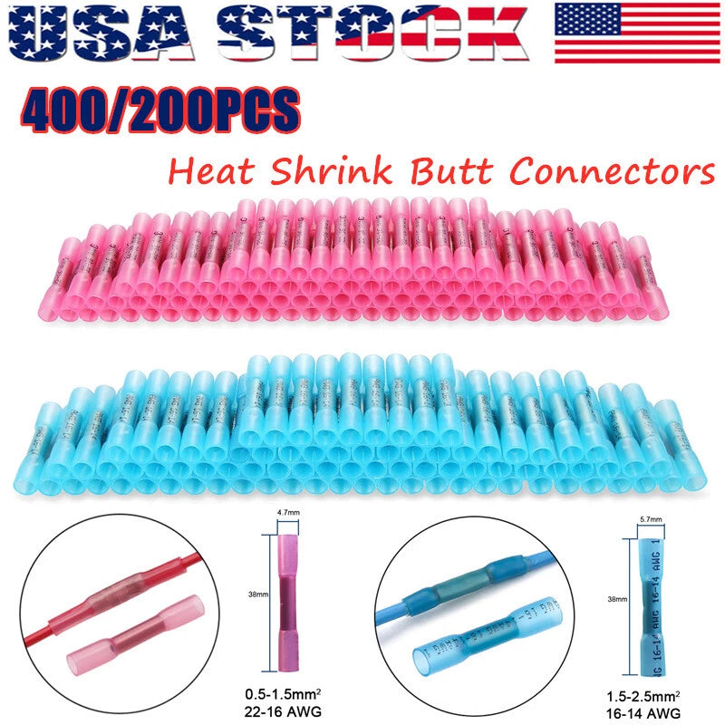 400/ 22-14 Awg Heat Shrink Butt Wire Splice Connectors Crimp Terminals