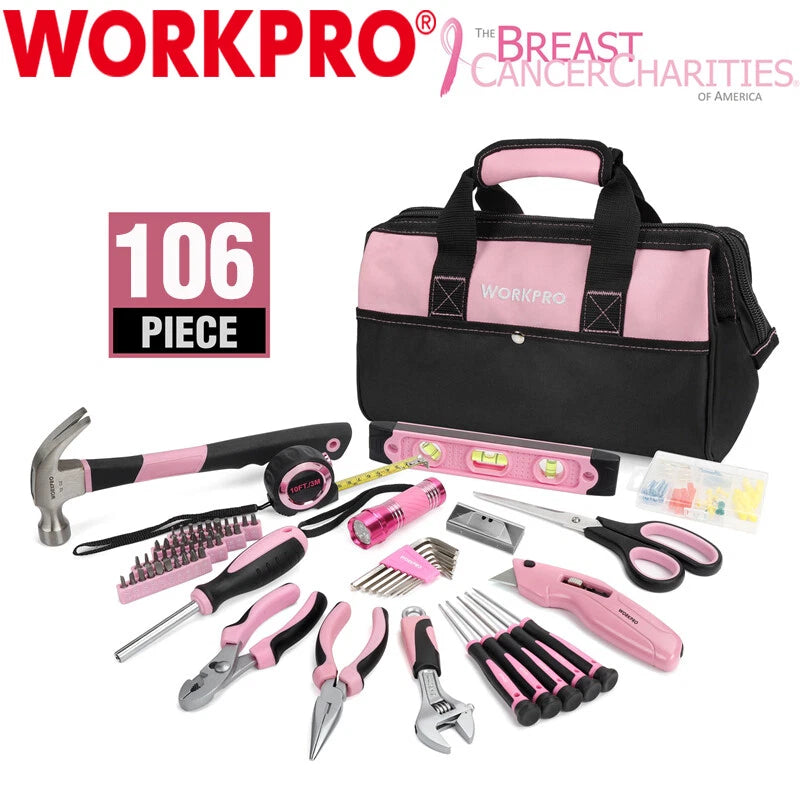 WORKPRO 106PCS Pink Tool Kit Home Household Tool Set Wide Mouth Open Storage Bag
