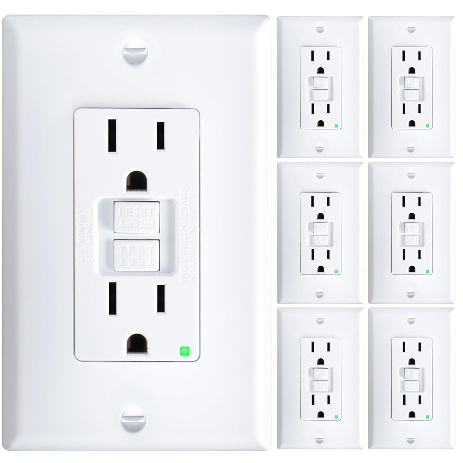 6 Pack GFCI Outlet 15 Amp with Thinner Design, Non-Tamper Resistant