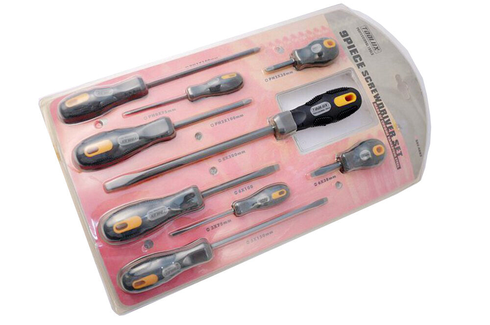 Professional 9pc Hexagonal Cr-V Magnetic Tip Screwdriver Set:Flat Ph