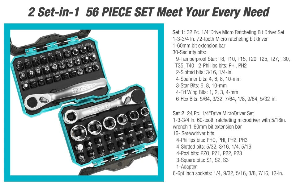 Duratech 56pc1/4"mini Ratchet Wrench&screwdr<wbr/>iver Bit Set