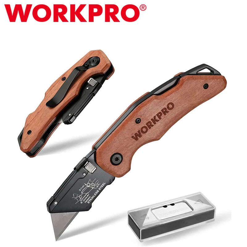 WORKPRO Heavy Duty Folding Utility Knife Box Cutter Quick-change Wood Handle NEW