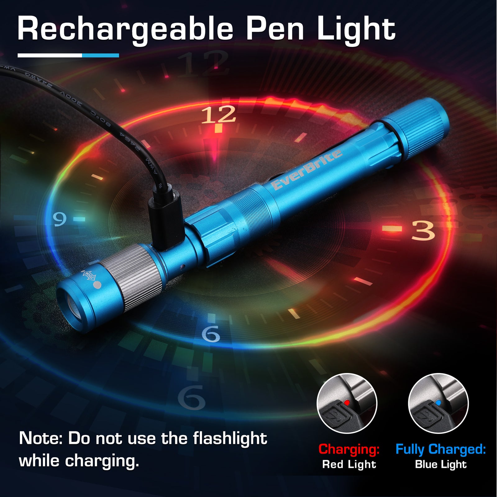 Pen Light Rechargeable 300 Lumens Zoomable LED w/Clip Memory Function Blue