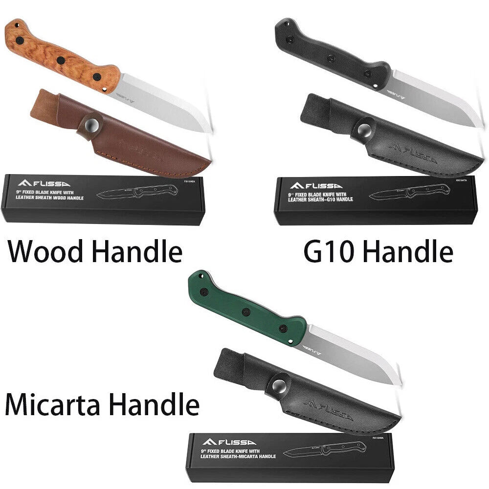 Flissa 9" Fixed Blade Knife Survival Knife D2 Steel Hunting Knife