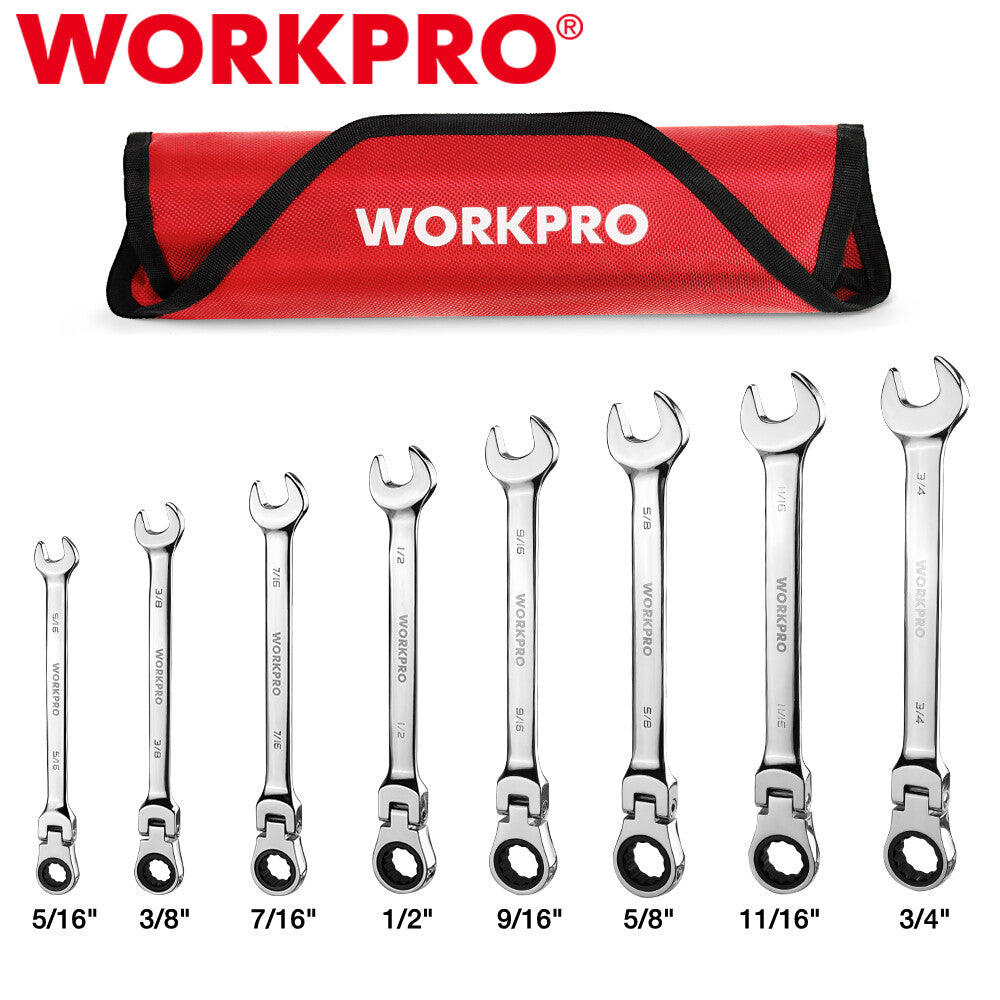 WORKPRO 8PC Flex-Head Ratcheting Combination Wrench Set 5/16-3/4 in