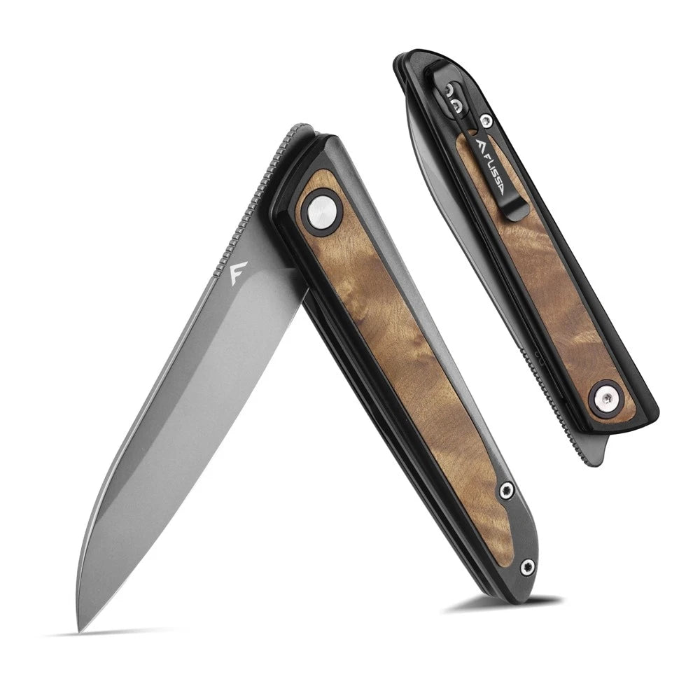 FLISSA Folding Pocket Knife D2 Steel Blade w/Aluminum Wooden Handle Ball Bearing