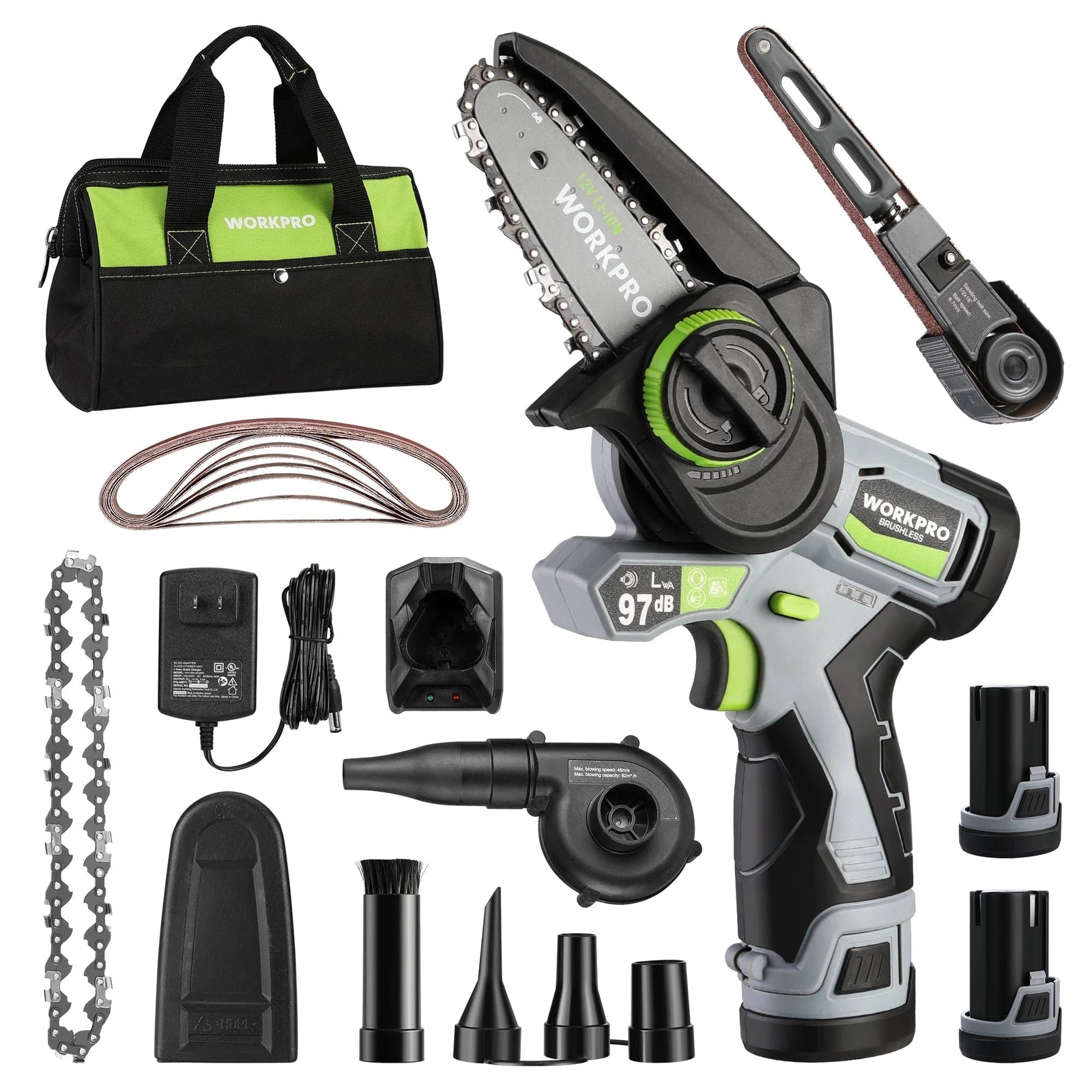 Cordless Detail Belt Sander Mini Chain Saw Electric Blower 3-in-1 Power Tool Kit