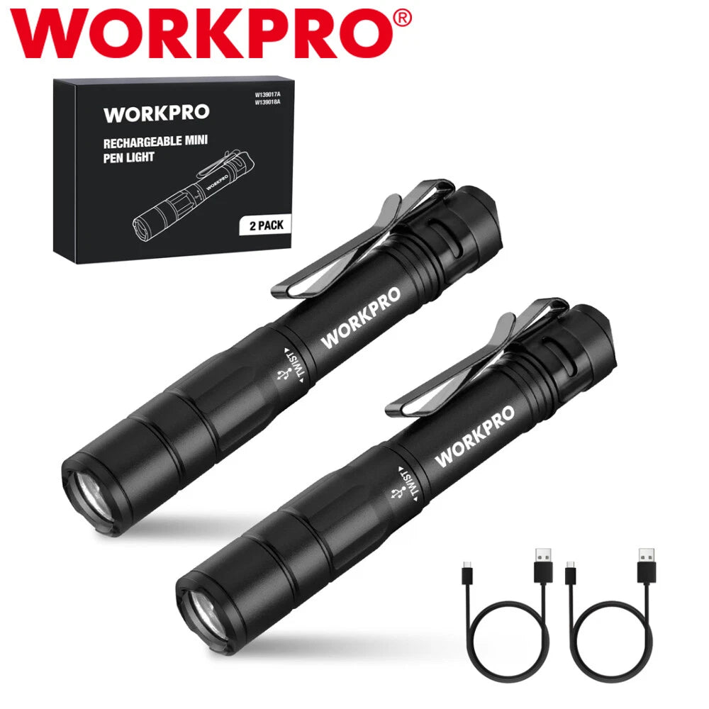 Workpro 2-packs Led Rechargeable Pen Light Mini Flashlight Handheld