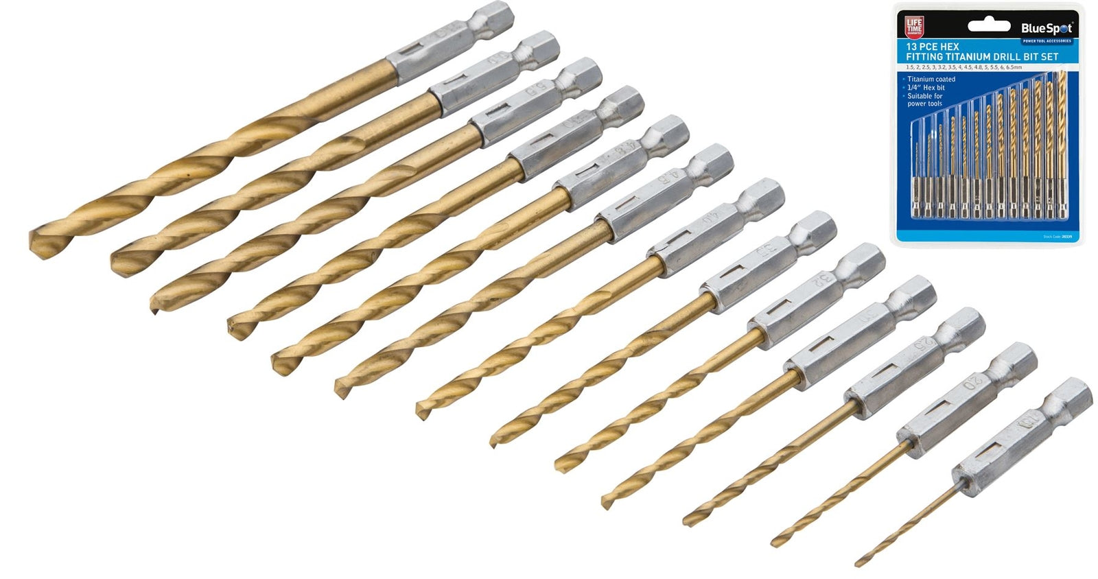 Bluespot 13pc 1/4" Hex Fitting Titanium Drill Bit Set For Metal Wood