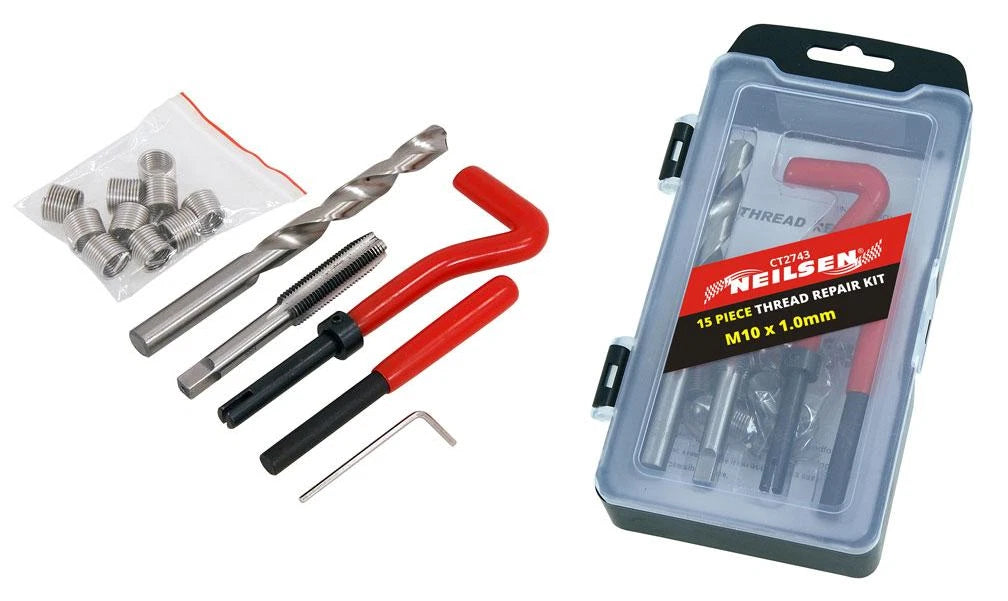 Neilsen M10 X1.0 Thread Repair Kit — Helicoil-style Insert, Drill &