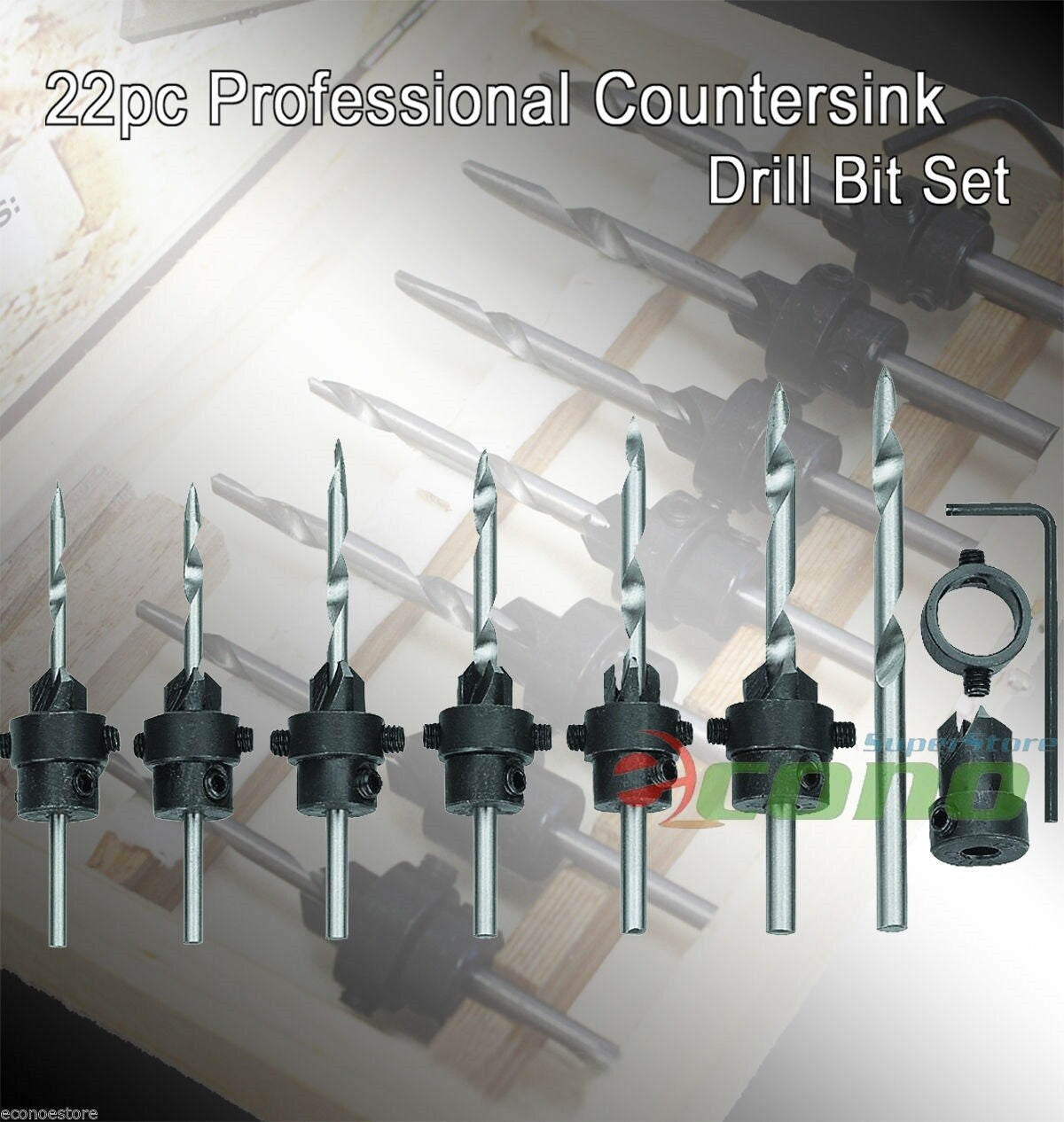 22pc Tapered Drill Bit & Countersink Drill Bit w/ Colllar Stops 4 Woodworking