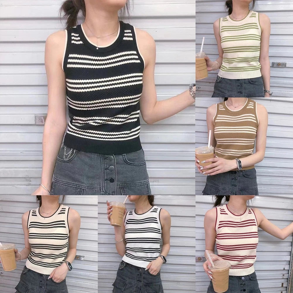 Women's Knitted Striped Sleeveless Tank Top Crop Vest Polyester